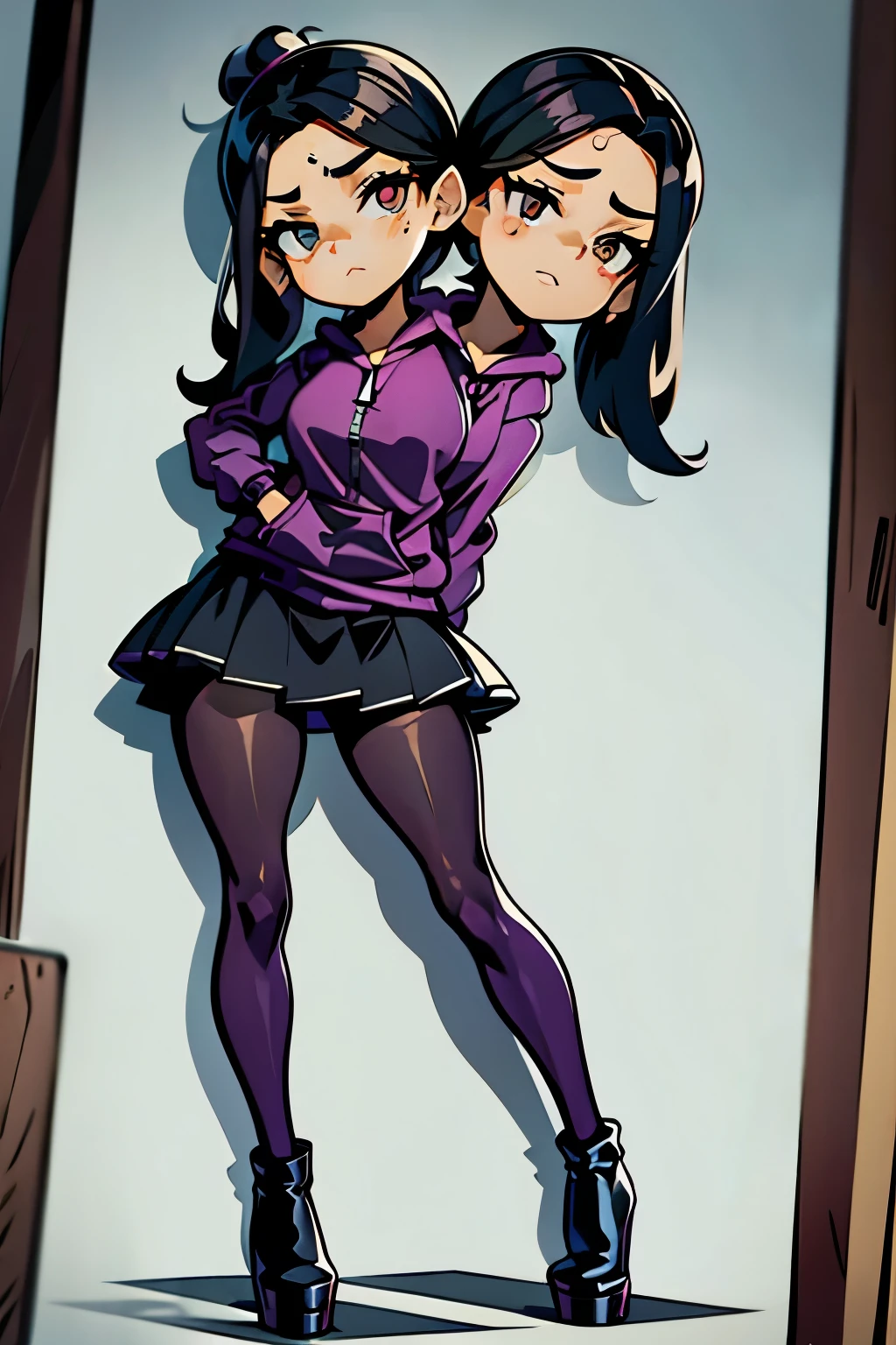 conjoined, 2heads, girl with two heads instead of one, 2head, cuerpo curvilineo, brazos curvilineos, usando shorts, ropa abrigada, piernas curvilineas, anime cartoon, using a purple sleeveless hoodie, each head has a ponytail, anatomia proporcionada, torso ancho, pechos medianos, full body, perspectiva en picada, platform boots, black boots, black skirt, pantyhose, black high heels Bored