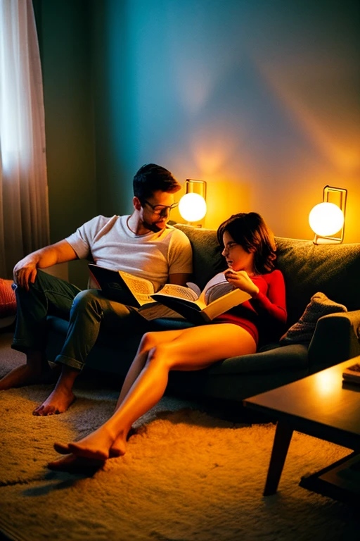 In a cozy room illuminated by the warm light of a floor lamp, a heterosexual couple is sitting together on a comfortable sofa. They are both only in their underwear, mientras se inclinan hacia adelante, leyendo juntos un libro. The woman is leaning lightly on the man's shoulder, with an expression of serenity on his face, while he holds the book with one hand and gently caresses her hair with the other. En el ambiente flota un aire de intimidad y complicidad, creating a romantic and relaxed moment for the couple. The background shows shelves full of books and flickering candles, adding a cozy and romantic touch to the environment.