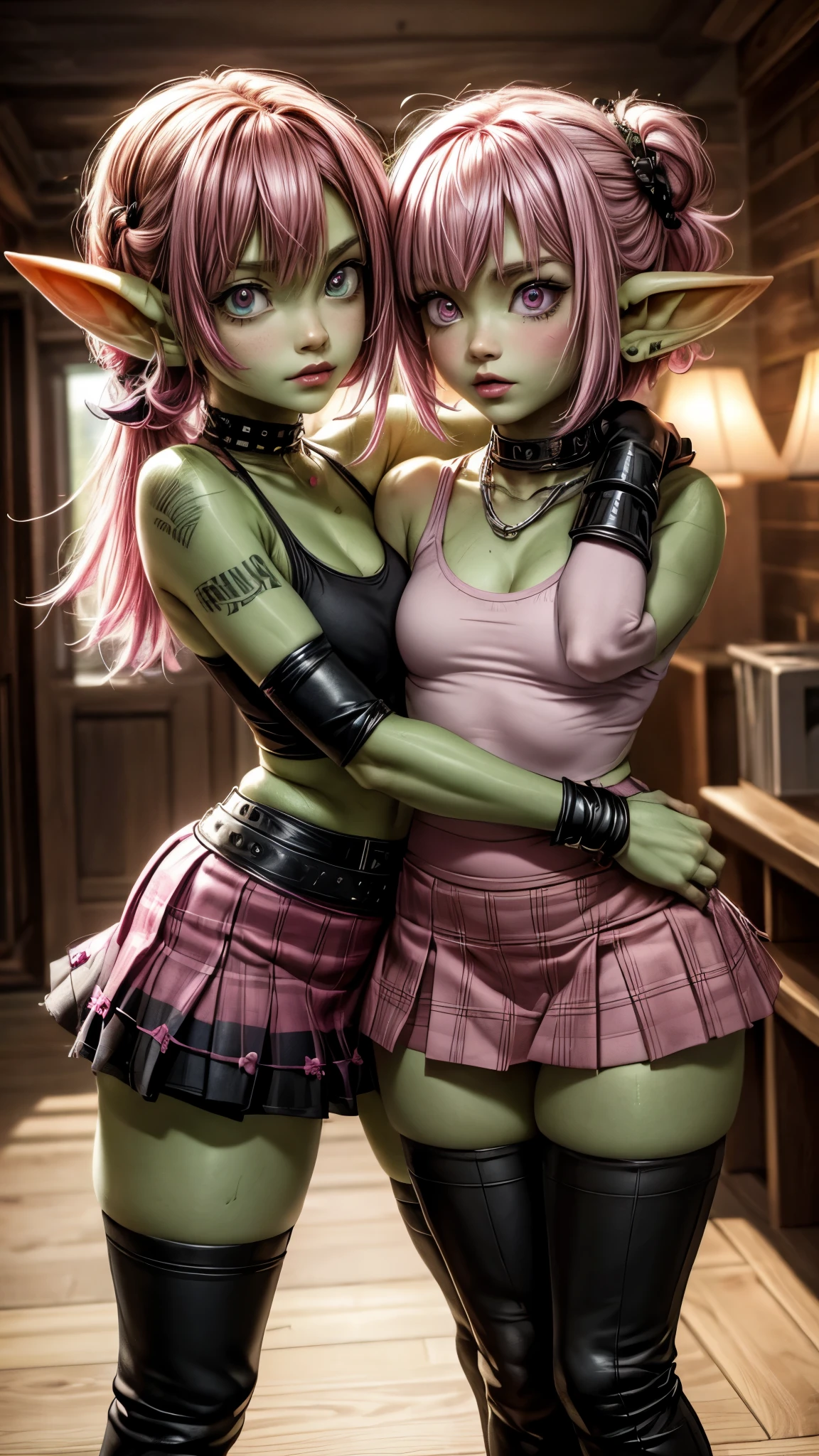 absurd resolution, ((best quality)), ((masterpiece)), (very detailed), 4k, 2 goblin girls, hardcore punk rocker, pink hair, pink tank top, wearing microskirt, wearing chains, pink eye makeup, ripped fishnets, ((green skin)), small pointy ears, thigh boots, standing in a tour bus, hugging, (2girls), ((yuri)), lesbian, holding pride flags, posing with pride flags
