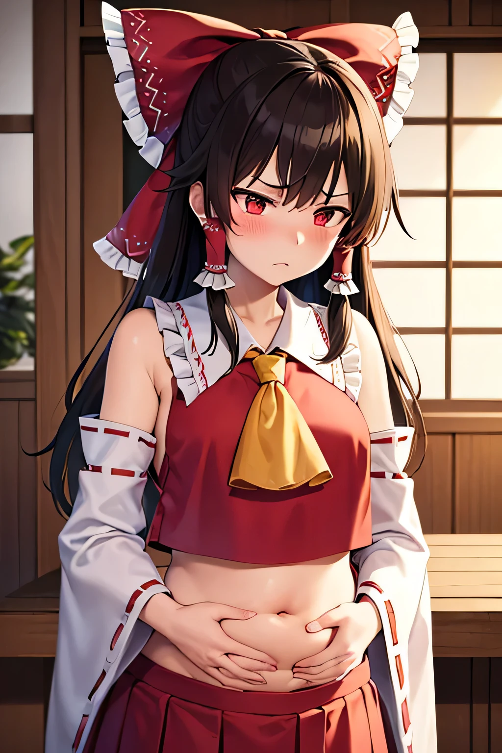 super fine illustration, vibrant colors, masterpiece, sharp focus, best quality, depth of field, cinematic lighting, ultra detailed, blush, annoyed, belly, shrine maiden, hakurei reimu, 1girl, hair bow, ascot, hair tubes, detached sleeves, looking down, red shirt, red skirt, long hair, dark brown hair, indoors, mature woman