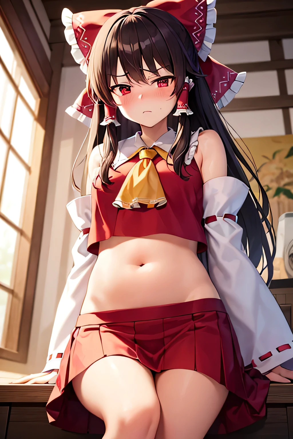 super fine illustration, vibrant colors, masterpiece, sharp focus, best quality, depth of field, cinematic lighting, ultra detailed, blush, annoyed, belly, shrine maiden, hakurei reimu, 1girl, hair bow, ascot, hair tubes, detached sleeves, looking down, red shirt, red skirt, long hair, dark brown hair, indoors, mature woman