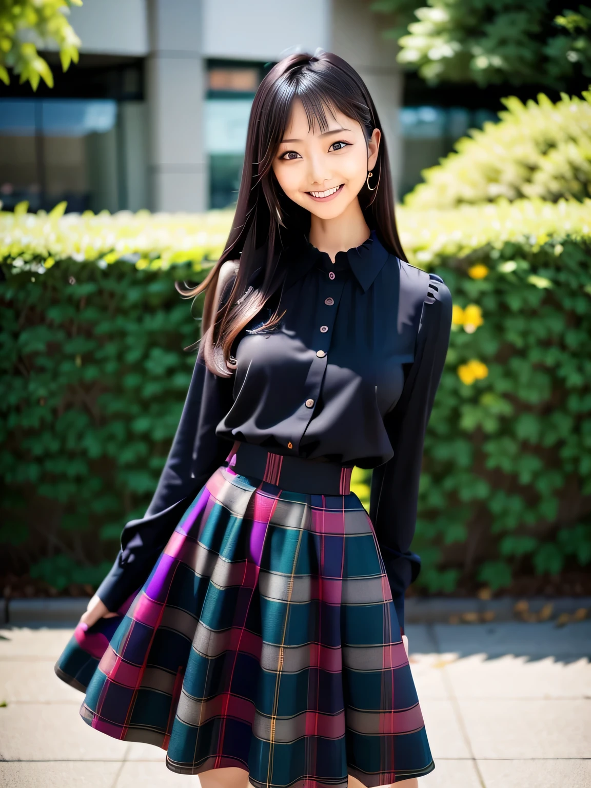 Long, straight black hair, Wearing a black blouse, Bvlgari Check Skirt, Asymmetric!!, long tartan skirt, dancing, Posing, Jumping, Face that faithfully reproduces the face of LoRA, High resolution, Very detailed, Natural Bangs
