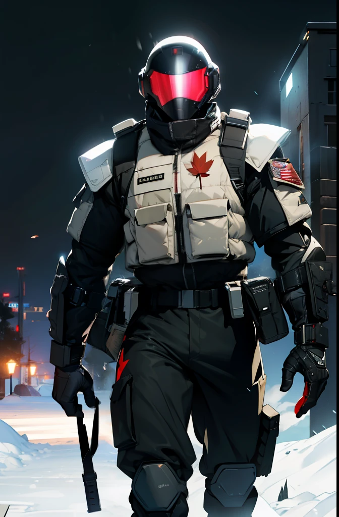 Draw 30 year old male, muscular, buff, tall, long legs, bulge in pants, black military outfit with knee and elbow pads, has military patches on arms with a maple leaf, red and white accents, face of covered with black cyberhelmet with blue led, robot inspired head, outside on duty, three quarter angle shot, dynamic shot, in winter storm, facing away from camera, walking in deep snow, high definition, masterpiece, 8k resolution, military bullet proof vest, dark atmosphere, intimidating