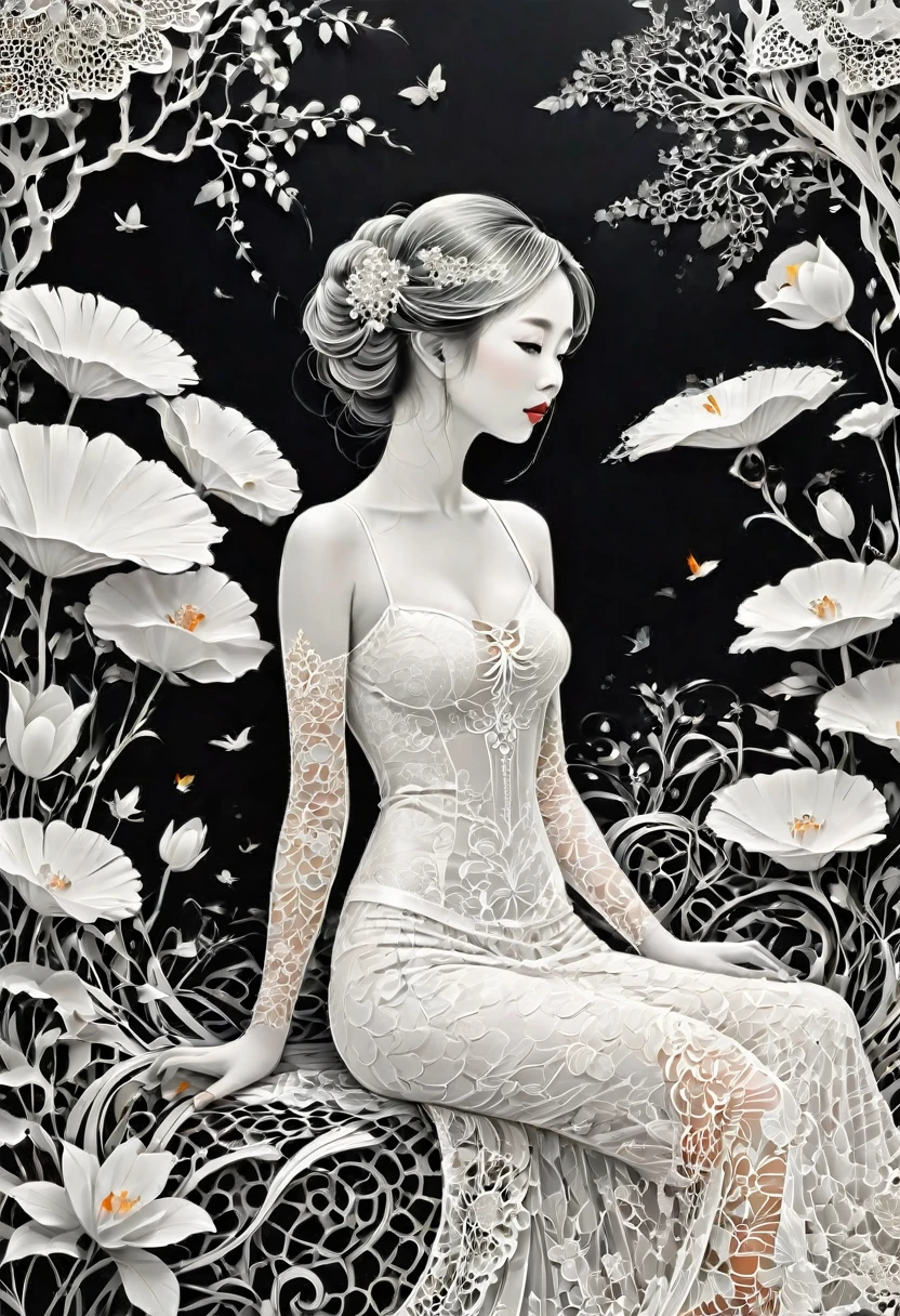 ((gorgeous princess)), (with long flowing white hair), (bright and beautiful eyes), (side profile), trend on art station, flower of hope by Jean-Honor Fragonard, Peter mohrbacher, super Detailed, crazy detail, stunning, intricate, elite, art nouveau, ornate, liquid wax, elegant, luxurious, Greg Rutkowski, ink style, sticker, vector art beautiful character design, double exposure shot, luminous design, winning entry, masterpiece, amoled black background,