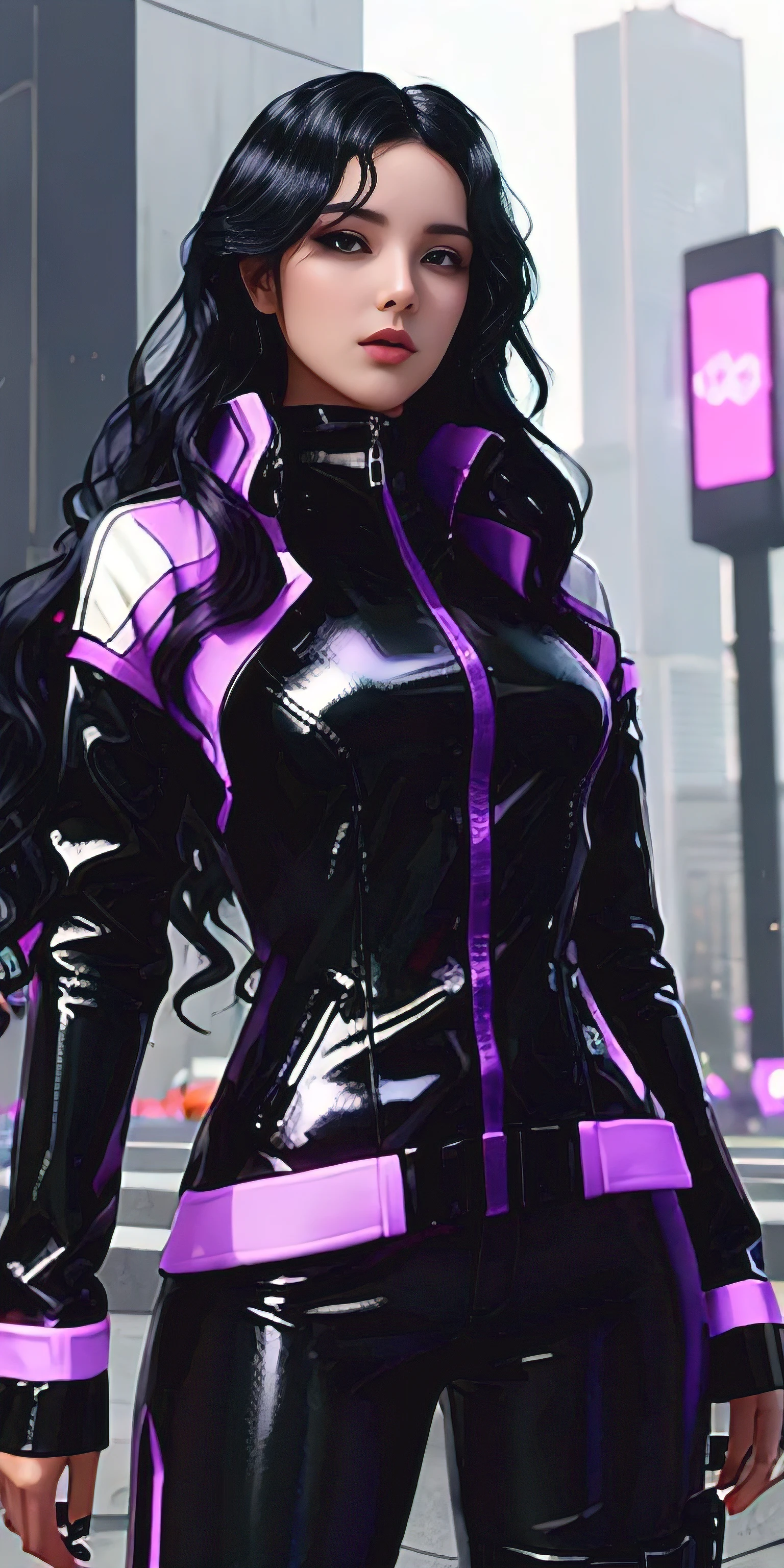 A beautiful woman with black wavy hair wearing a spy outfit that is shiny black plastic type and being in a sexy pose in a cyber punk world I don't study is purple the city like New York But it's all purple and she wears a black outfit