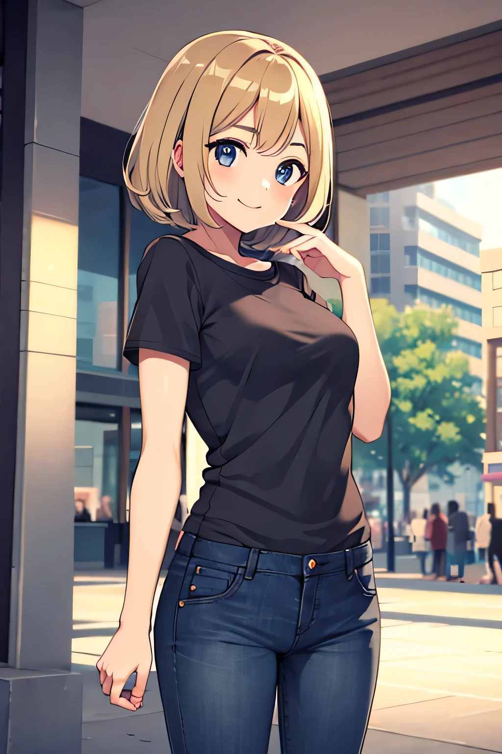 1girl, serena , blonde, bob haircut,  eyebrows hidden by hair, mall background, short hair, wavy hair, (small breast:1.2), smile, SFW,
BREAK jeans and t-shirt, instagram pose,
BREAK mall,
BREAK looking at viewer, 
BREAK (masterpiece:1.2), best quality, high resolution, unity 8k wallpaper, (illustration:0.8), (beautiful detailed eyes:1.6), extremely detailed face, perfect lighting, extremely detailed CG, (perfect hands, perfect anatomy),