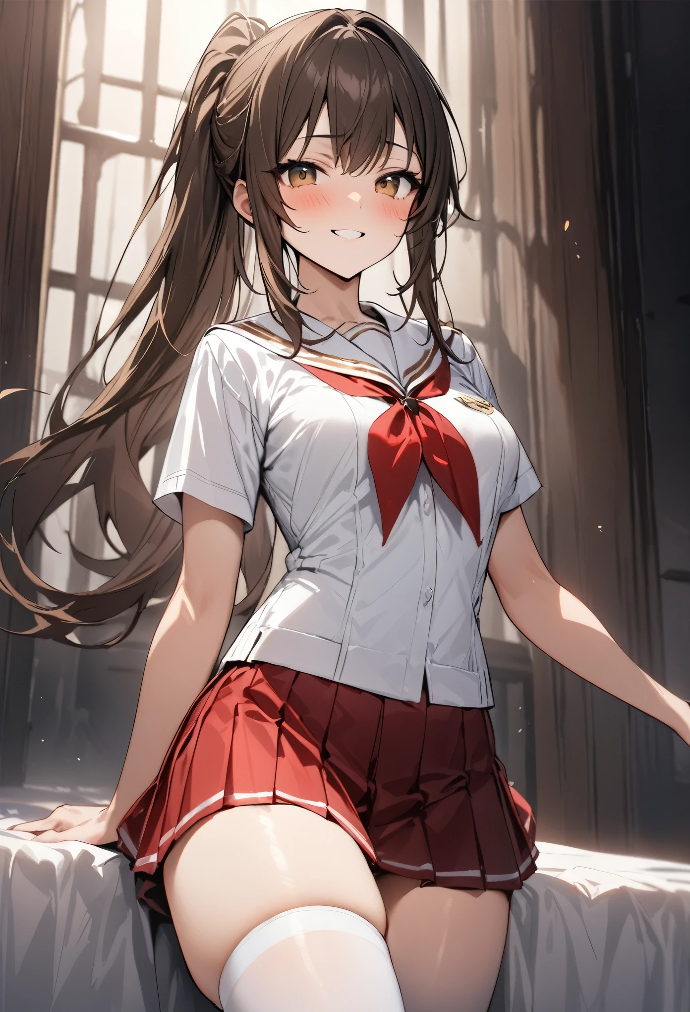 (((masterpiece, highest quality:1.5))),cowboy shot,20 year old beauty,solo,((very small head)),dark brown hair,ponytail hairstyle,long hair,bangs,brown eyes,blush,smile,medium breasts,(very long body),slender body,skinny,gleaming skin,oily skin,White sailor suit、Short sleeve、Red neckerchief、Pleated red mini skirt、white_thighhighs、Academy、