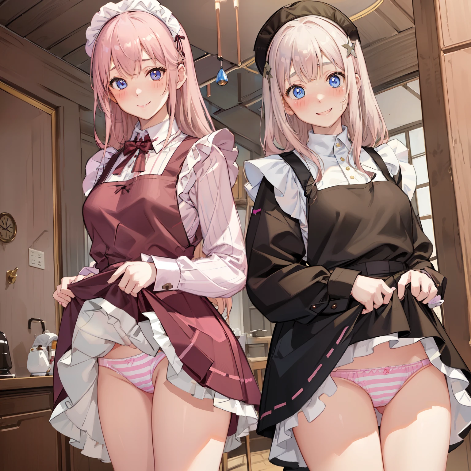 highest quality、masterpiece、((2 girls:1.5))、((smile:1.3))、(blush:1.3)、Black Shirt、blouse、((fun!!))、(Small breasts)、()、Blonde、(Long sleeve)、((White apron:1.5))、((Maid))、((hair ornaments)),、Kamimei、look at me、 ((in house:1.5))、 Taking a break from watching the audience、Cowboy Shot、(Skirt lift:1.3),(Highly detailed pink striped panties:1.3)、(Highly detailed panties:1.3)、、(スカート that rolls up:1.3)、(Panties fully exposed:1.5)、Light blue eyes、long hair、Glowing Eyes