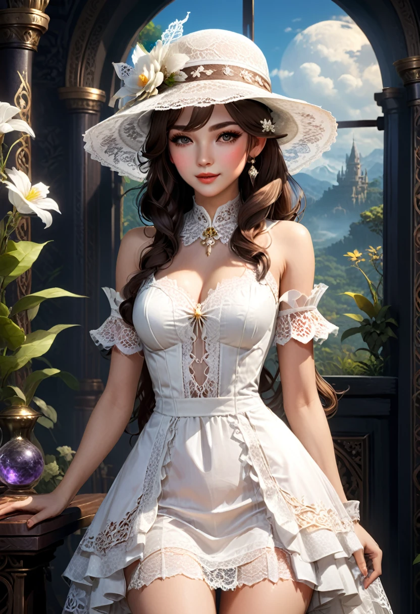 Game character costume, in a retro style video game, the heroine wears a white lace dress and a lace brimmed hat, shuttling through the mysterious and beautiful virtual world, (masterpiece, best quality, Professional, perfect composition, very aesthetic, absurdres, ultra-detailed, intricate details:1.3)