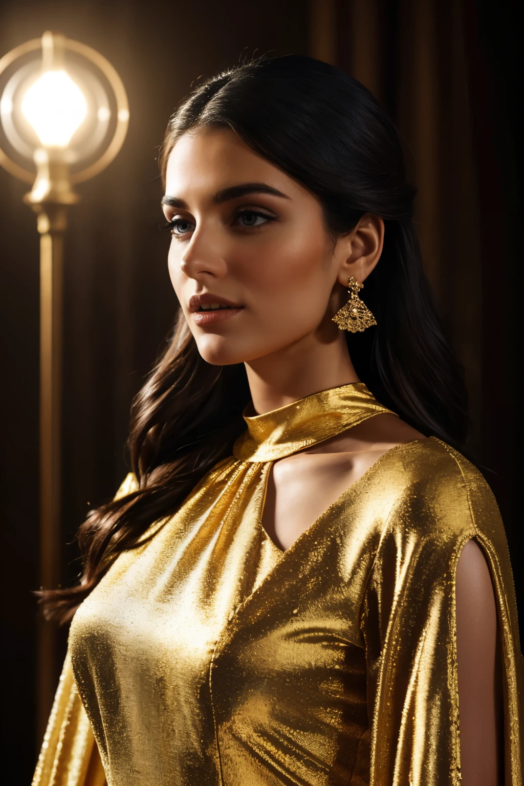 In this photograph, an Indian Instagram female model in her mid-20s takes center stage. (highly detailed face:1.4) (smile:0.7) (background 5-star hotel, moody, private study:1.0V, by Lee Jeffries, Nikon D850, film stock photograph, 4 Kodak Portra 400, camera f1.6 lens, rich colors, hyper-realistic, lifelike texture, dramatic lighting, Cinestill 800, realistic). She is wearing an elegant evening gown that flows gracefully to the floor. The gown is crafted from luxurious silk fabric in a deep red hue, featuring intricate gold lace appliqués along the neckline and sleeves. The sweetheart neckline and fitted bodice accentuate her figure, while the flared skirt in a rich yellow adds a touch of drama. The gown has long, sheer sleeves with delicate gold embroidery, enhancing the overall sophistication of the outfit.
Completing her look, the model accessorizes with a statement necklace and matching earrings. Her hair is styled in loose, cascading waves, adding a touch of glamour. The photograph is meticulously captured in 8K resolution using cutting-edge techniques such as Cinema 4D and Octane Render, resulting in a highly detailed and photorealistic image. Studio lighting, HDR, and a smoky mist create a captivating ambiance, while the bokeh effect adds an artistic touch.