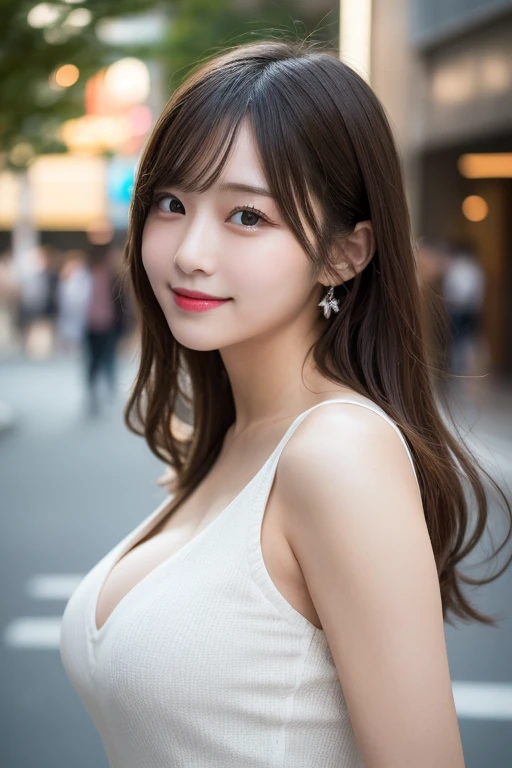 Tabletop, highest quality, figure, Super detailed, In detail, High resolution, 8k wallpaper, Perfect dynamic composition, Beautiful fine details,Medium Hair,Big Breasts Natural Color Lip, Bold sexy pose,smile,Shibuya Ward、20-year-old girl、cute、sexy shot looking at camera,Tokyo Disneyland、Sculpture model pose、Slender body、Windblown Hair、Bust is visible