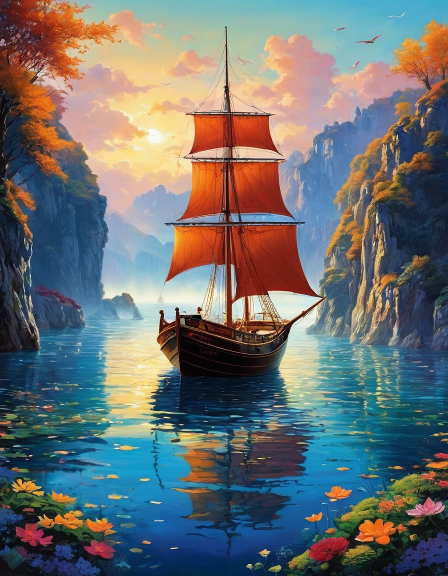 il y a un bateau qui flotte sur l'eau pres d'a chateau, Fantasy medieval town, epic RIVENDELL fantasy, RIVENDELL, highly detailed fantasy art, fantasy highly detailed, Medieval city, Highly detailed 4K digital art, peinture mate haute fantaisie, detailed fantasy art, 4K detail fantasy, a magical and lively city, detailed fantasy digital art