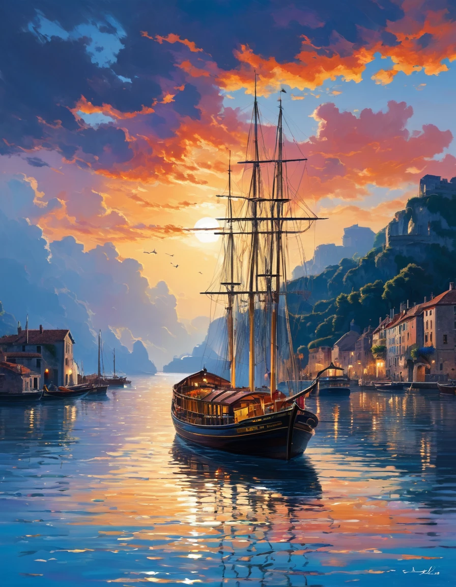 il y a un bateau qui flotte sur l'eau pres d'a chateau, Fantasy medieval town, epic RIVENDELL fantasy, RIVENDELL, highly detailed fantasy art, fantasy highly detailed, Medieval city, Highly detailed 4K digital art, peinture mate haute fantaisie, detailed fantasy art, 4K detail fantasy, a magical and lively city, detailed fantasy digital art