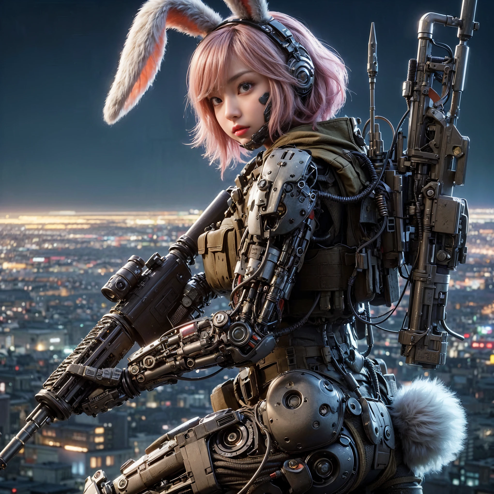 (top-quality:1.2, masterpiece), ultra high resolution, (Photorealsitic:1.4),, (bird-type mechanical heavy armor), (mechanical armor:1.3), light red base with silver and bronze accent, 1 Japanese female soldier, extremely realistic face, (blue hair), ((ultimately intricate all details)), (whole body picture), realistic shadow, octan render, 8K, ultrasharp, character edge light, Details of complex ornaments, Hydraulic cylinder, power cable, dystopia with a beautiful view at night,