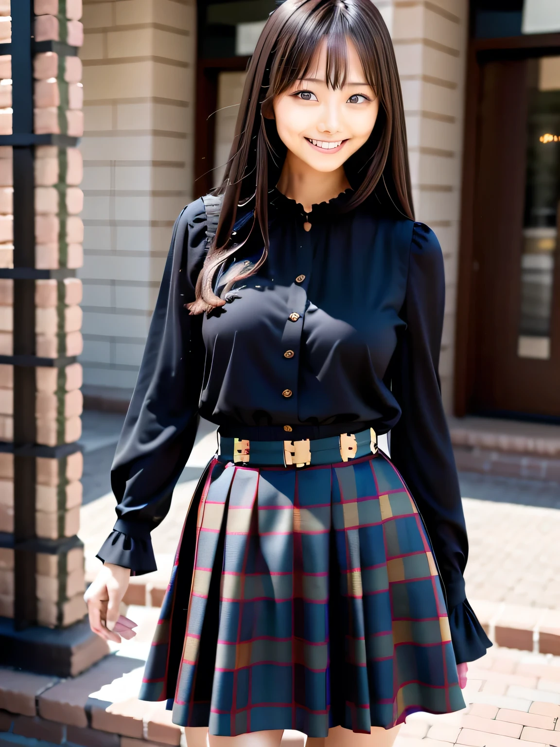 Long, straight black hair, Wearing a black blouse, Burberry Check Skirt, Asymmetric!!, long tartan skirt, dancing, Posing, Jumping, Face that faithfully reproduces the face of LoRA, High resolution, Very detailed, Natural Bangs, highest quality
