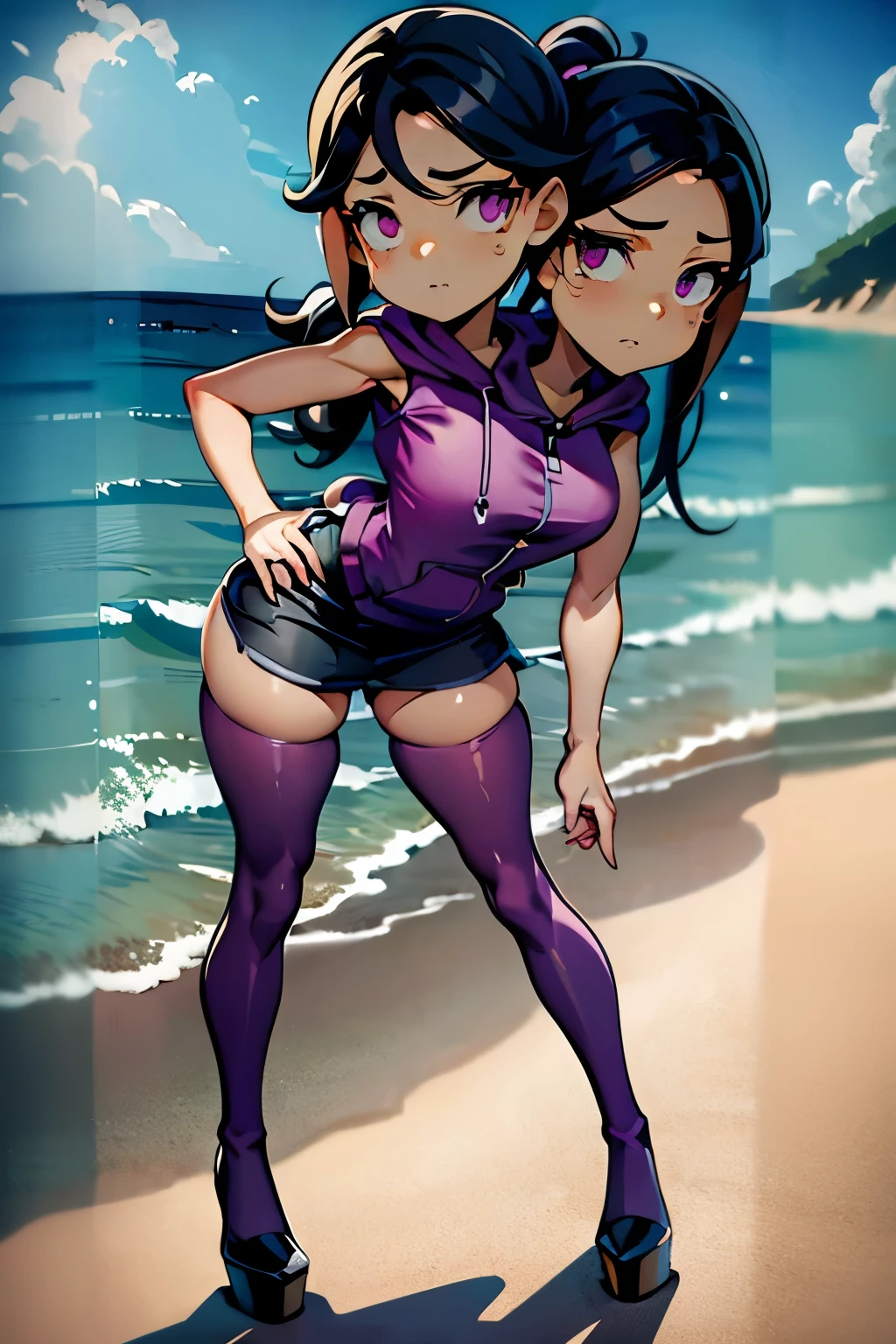 conjoined, 2heads, girl with two heads instead of one, 2head, cuerpo curvilineo, brazos curvilineos, usando shorts, ropa abrigada, piernas curvilineas, anime cartoon, using a purple sleeveless hoodie, each head has a ponytail, anatomia proporcionada, torso ancho, pechos medianos, full body, perspectiva en picada, platform boots, black boots, black skirt, pantyhose, black high heels Bored, on the beach
