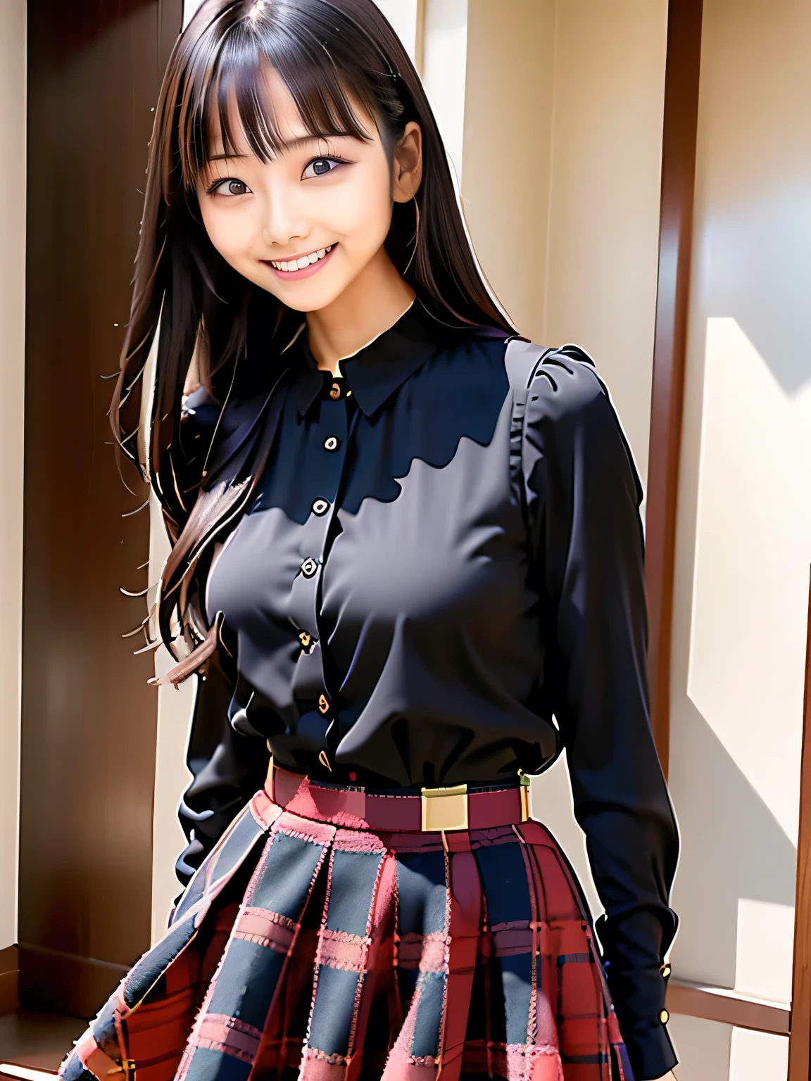 Long, straight black hair, Wearing a black blouse, Burberry Check Skirt, Asymmetric!!, long tartan skirt, dancing, Posing, Jumping, Face that faithfully reproduces the face of LoRA, High resolution, Very detailed, Natural Bangs, highest quality
