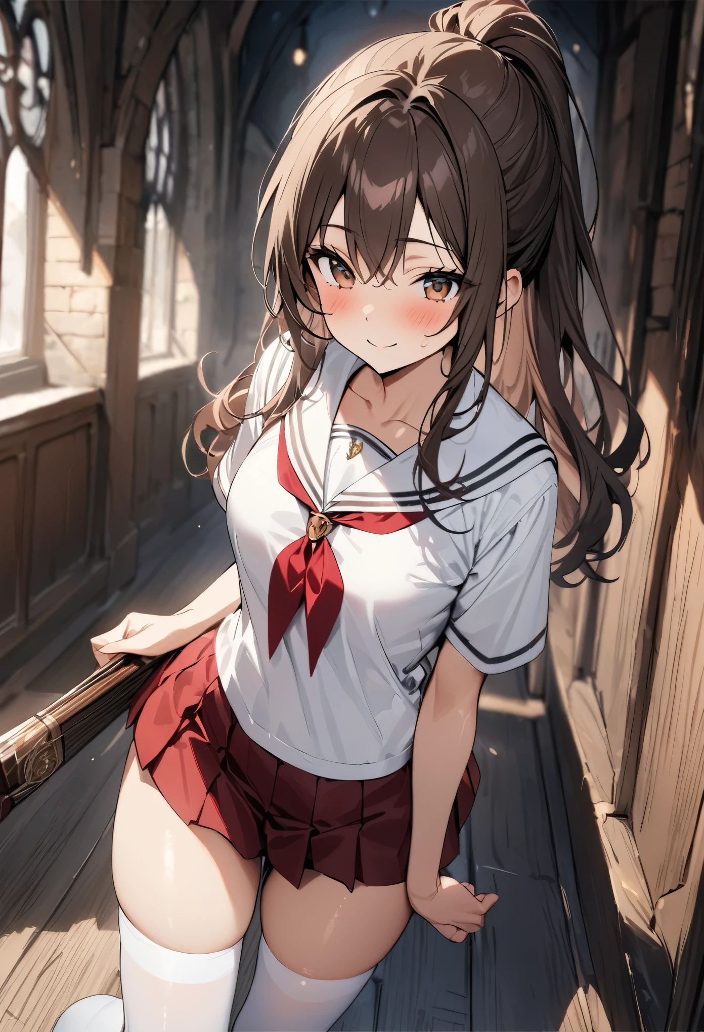 (((masterpiece, highest quality:1.5))),cowboy shot,20 year old beauty,solo,((very small head)),dark brown hair,ponytail hairstyle,long hair,bangs,brown eyes,blush,smile,medium breasts,(very long body),slender body,skinny,gleaming skin,oily skin,White sailor suit、Short sleeve、Red neckerchief、Pleated red mini skirt、white_thighhighs、Academy、Harry Potter World、