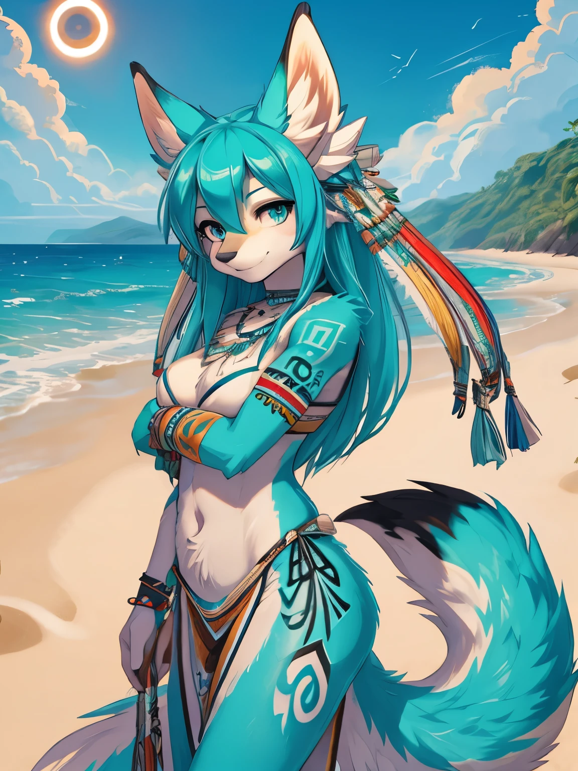 Miku hatsune,aqua&white body, furry, orejas de kitsune, tribal tatoo, tribal clothes, beach landscape, eclipse