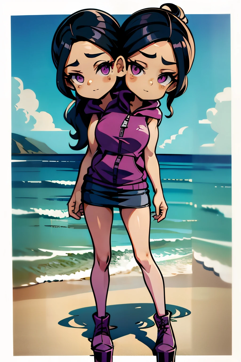 conjoined, 2heads, girl with two heads instead of one, 2head, cuerpo curvilineo, brazos curvilineos, usando shorts, ropa abrigada, piernas curvilineas, anime cartoon, using a purple sleeveless hoodie, each head has a ponytail, anatomia proporcionada, torso ancho, pechos medianos, full body, perspectiva en picada, platform boots, black boots, black skirt, pantyhose, black high heels Bored, on the beach
