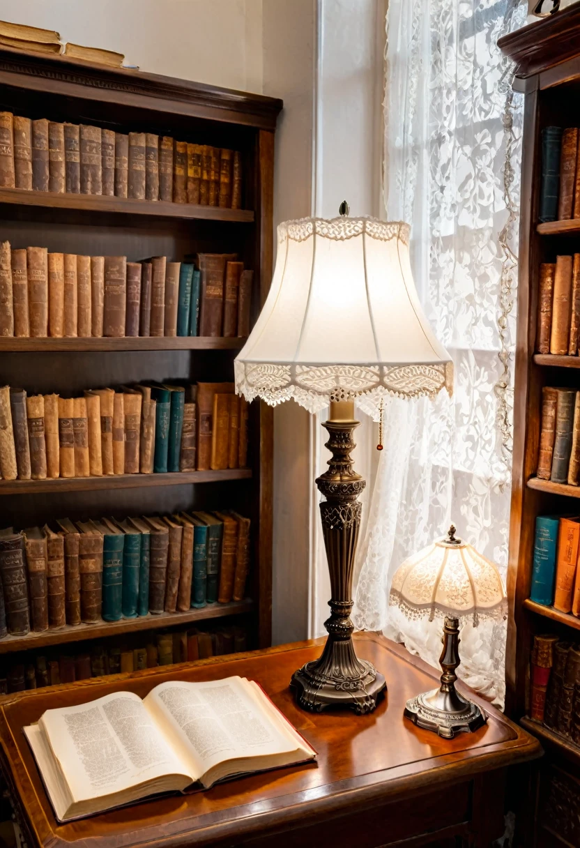 The secret corner of the antique shop, in an antique shop full of retro flavor, a desk lamp covered with white lace lampshade quietly lights up a small table, on which are scattered several old books covered with book cases of the same material, and the air is filled with the flavor of time precipitation, (masterpiece, best quality, Professional, perfect composition, very aesthetic, absurdres, ultra-detailed, intricate details:1.3)