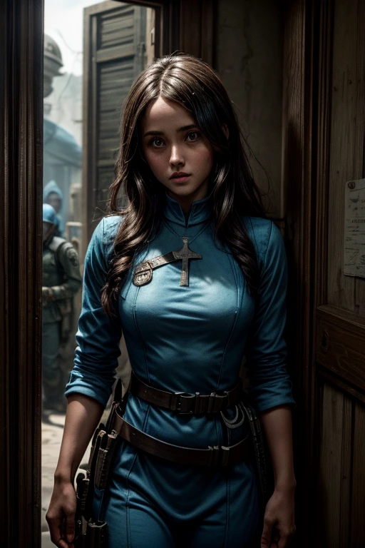 Lucy (Ella Purnell) is one of the residents of the shelter; Maximus (Aaron Moten), a young soldier in blue clothes from the Brotherhood of Steel paramilitary faction ; e The Ghoul (Walton Goggins),