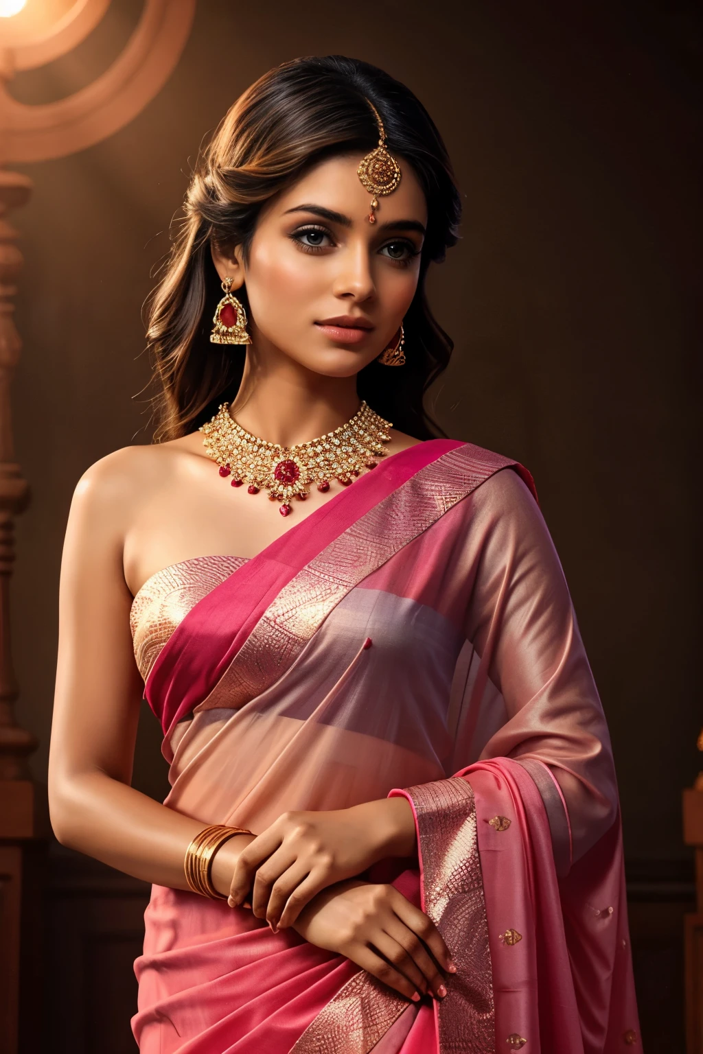 Btflindngds, a beautiful Indian girl, (intricate:0.3) eyes, mid shot, photograph by artgerm and (greg rutkowski:0.3), portrait photo,indian girl, beautiful , goddess,angel,perfect lips, red pink saree vintage, a light background, rim light, key light