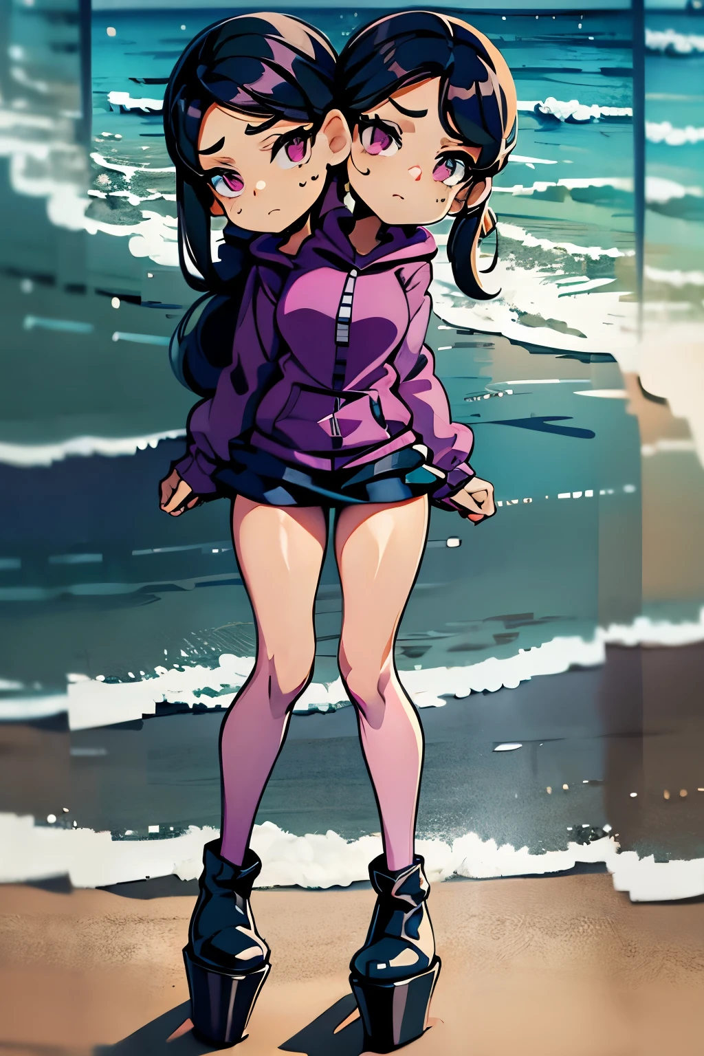 conjoined, 2heads, girl with two heads instead of one, 2head, cuerpo curvilineo, brazos curvilineos, usando shorts, ropa abrigada, piernas curvilineas, anime cartoon, using a purple sleeveless hoodie, each head has a ponytail, anatomia proporcionada, torso ancho, pechos medianos, full body, perspectiva en picada, platform boots, black boots, black skirt, pantyhose, black high heels Bored, on the beach
