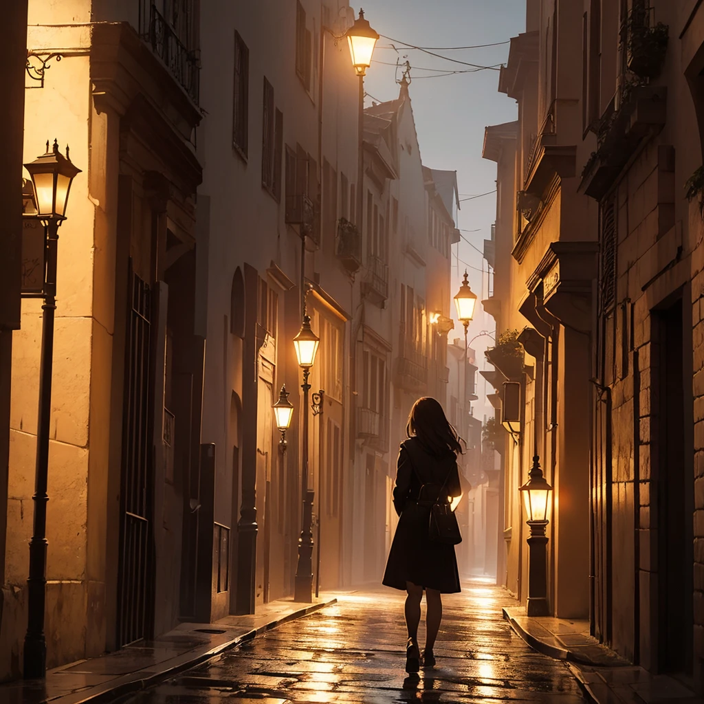 Noche oscura. Camino o calle cubierta de niebla. Luces de farola. Las luces de farola apenas iluminan a traves dr la niebla. En el medio del camino hay una chica con capucha roja.