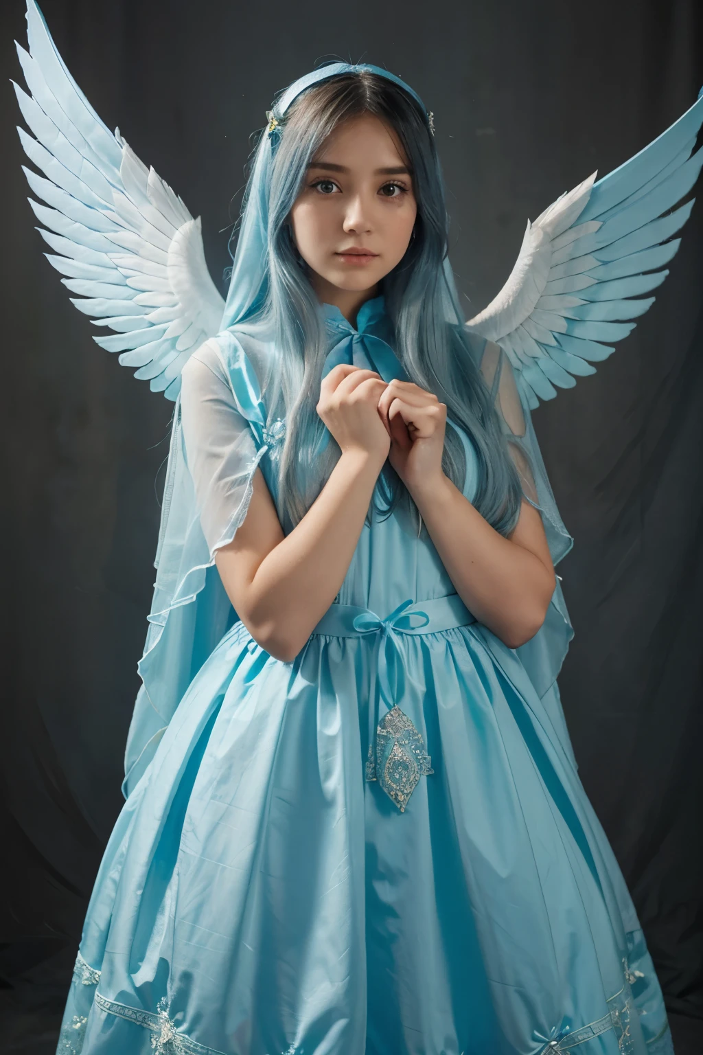 Girl with cyan veil in cyan dress with long blue hair with angel wings