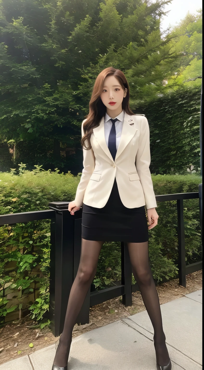 best qualtiy, Full body like,Refined face,pretty face,25 years old woman,slimfigure,Larger bust,office lady uniform,Office wear,black lence stockings,Outdoor Scene,Stand up,high-heels