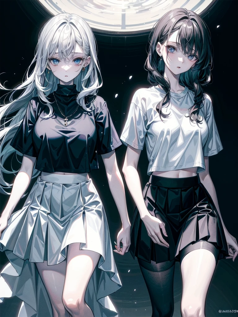 yuri, (2 girls), absurdres, RAW photo, extremely delicate and beautiful, masterpiece, Best Quality, ultra high resolution, 32k, hyperrealistic, ultra-detailed, detailed description, perfect anatomy, pale skin, 20 years old, detailed beautiful face and eyes, tearful mole, earring, short medium hair, wavy hair, whole body shot, big tits, tight skirt, cropped T-shirt,