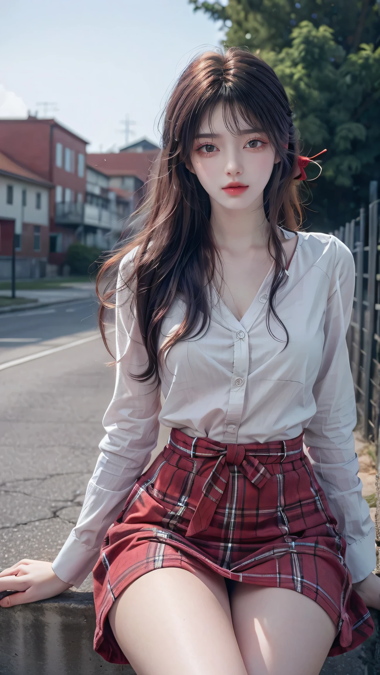 (masterpiece:1.2, top-quality), ultra high res, ultra detailed, (realistic, photorealistic:1.4), beautiful illustration, perfect lighting, natural lighting, depth of fields, ,
looking at viewer, full body, 1 girl, japanese, high school girl, perfect face, (perfect anatomy, anatomically correct, super detailed skin), cute and symmetrical face, face, shiny skin,
(long hair, curvy hair, pastel purple hair), blunt bangs, maroon eyes, long eye lasher, (medium breasts:0.6, thin thighs), slender,
beautiful detailed hair, beautiful face, beautiful detailed eyes, beautiful clavicle, beautiful body, beautiful chest, beautiful thigh, beautiful legs, beautiful detailed hands, (five fingers)
(detailed cloth texture, long sleeve white collared shirt, over plaid red pleated skirt break red bowtie),
(beautiful scenery), summer, evening, (behind the school building), (lovely smile, parted lips),
