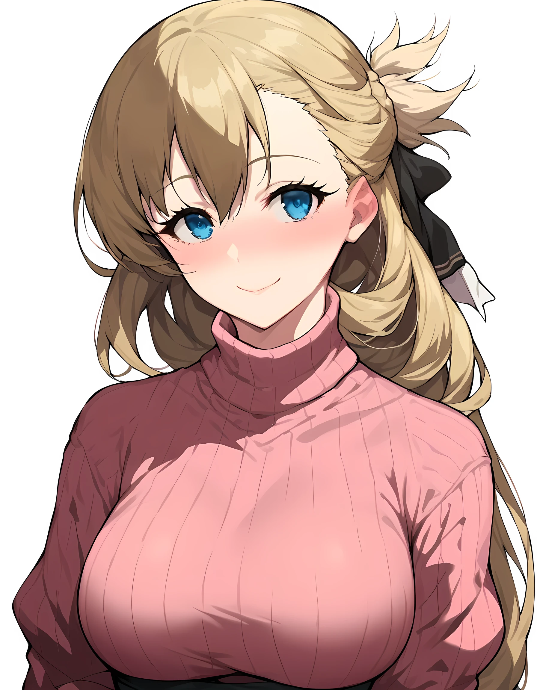 score_9, score_8_up, score_7_up, agnes claudel, 1girl, solo, blonde hair, long hair, blue eyes, pink sweater, large breasts, portrait, smile, blush, looking at viewer, white background