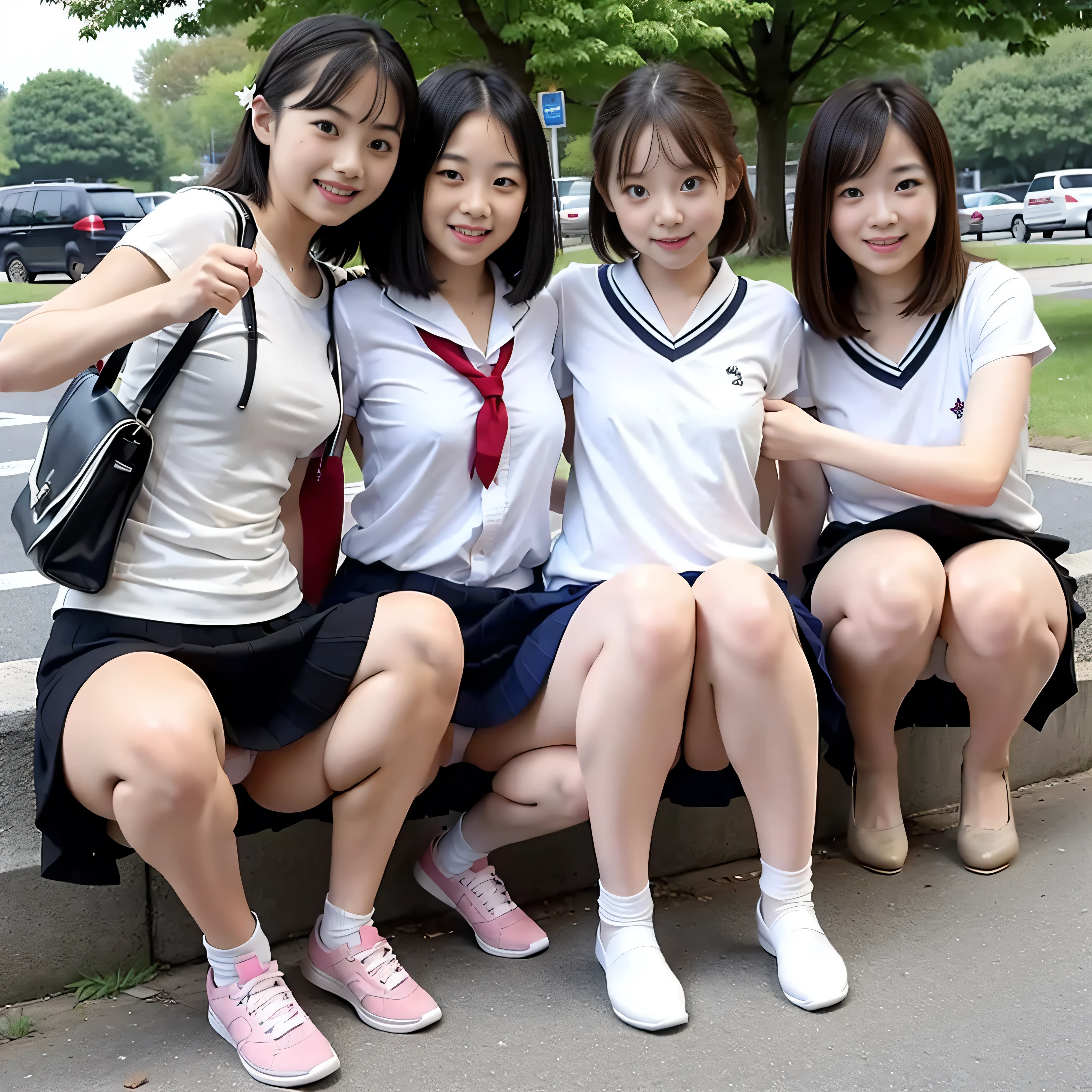 Three  squatting in a group photo、Roll up your skirt to show your white panties、Summer clothes、uniform