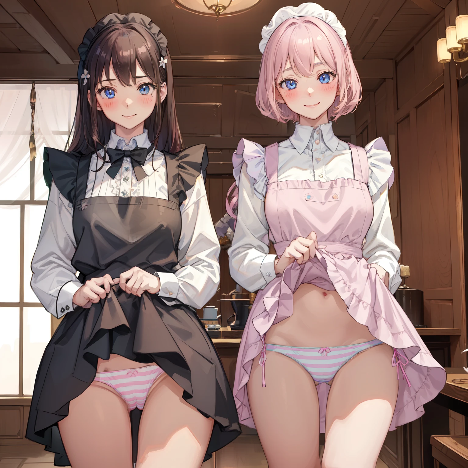 highest quality, masterpiece, ((2 girls:1.5)), ((smile:1.3)), (blush:1.3), Black Shirt, blouse, ((fun!!)), (Small breasts), Blonde, (Long sleeve), ((White apron:1.5)), ((Maid)), ((hair ornaments)), Kamimei, look at me, ((in house:1.5)), Taking a break from watching the audience, Cowboy Shot, (Skirt lift:1.3), (Highly detailed pink striped panties:1.3), (Highly detailed panties:1.3), (スカート that rolls up:1.3), (Panties fully exposed:1.5), Light blue eyes, long hair, Glowing Eyes