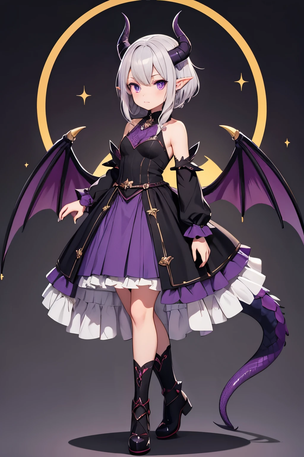 draconic woman with horns and a black dress, medieval, dragon, beautiful elegant dragon princess, gothic maiden anime girl, dragon girl, anime monster girl, short wavy silver hair front braid, no bangs, purple eyes, LARGE purple dragon wings, long dragon tail, modest dress, no bangs, cute style dress with ragged bottom, full body, sfw, elf ears, full body portrait