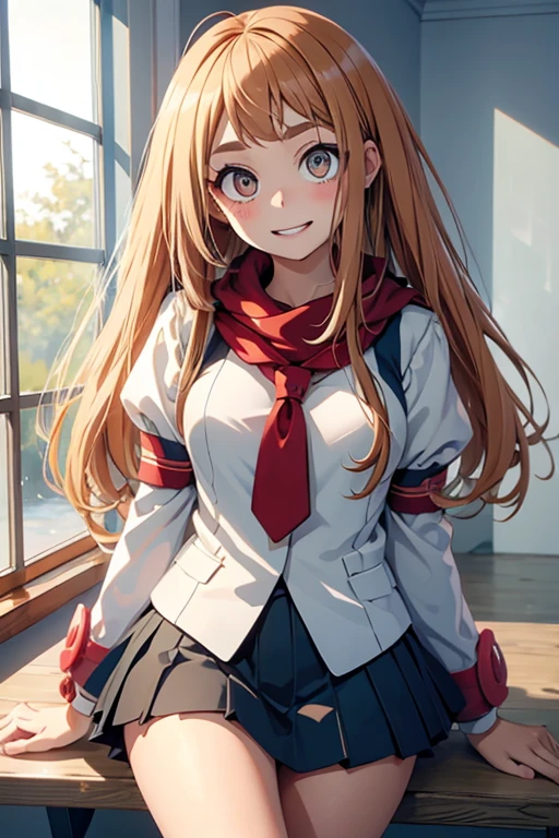 Himikotoganova, (1 garota, Sozinho), (olhos perfeitos), cabelo loiro, duplo bom, Messy hair, franja, olhos amarelos, serafuku, bolsas sob os olhos, sorriso, boca aberta, saia azul, mangas compridas, red scarf, seios,