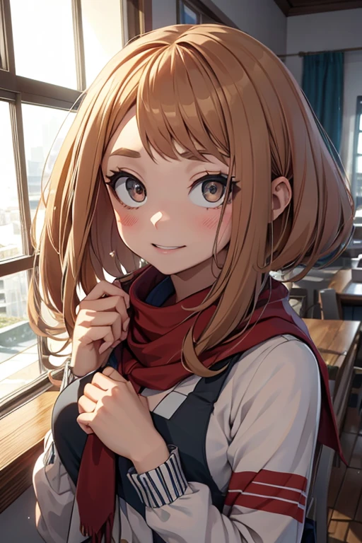 Himikotoganova, (1 garota, Sozinho), (olhos perfeitos), cabelo loiro, duplo bom, Messy hair, franja, olhos amarelos, serafuku, bolsas sob os olhos, sorriso, boca aberta, saia azul, mangas compridas, red scarf, seios, 