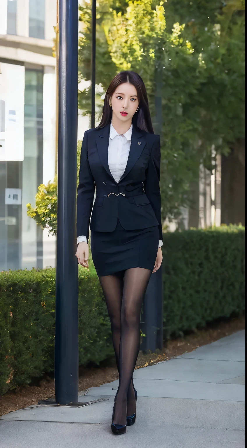 best qualtiy, Full body like，Refined face，pretty  face，25 years old woman，slimfigure，Larger bust，office lady uniform，Office wear，black lence stockings，Outdoor Scene，Stand up，high-heels