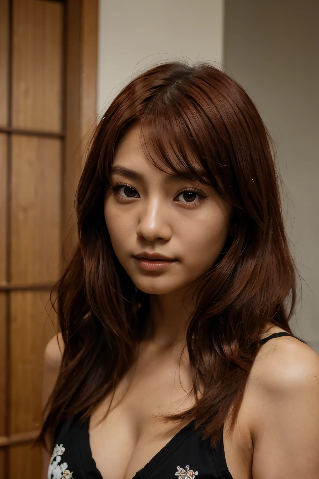 beautiful young Japanese woman, 23 years old, medium red hair, dark skin tone and black eyes, celebrity