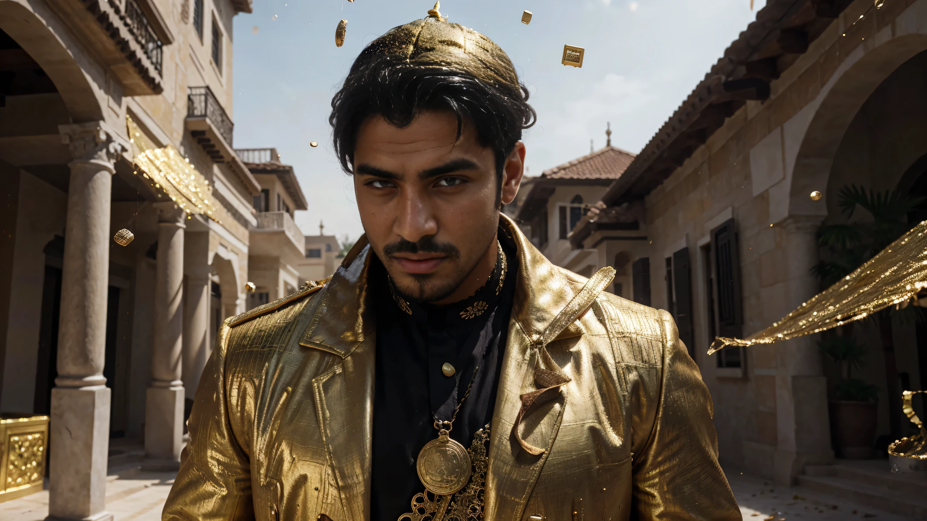an Arab man in front of a mansion full of gold coins falling from the sky, ultra detailed image, realism, 8k, hyper detailed skin, intense and vivid colors.