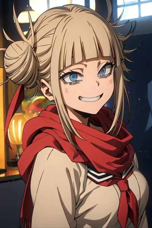 Himikotoganova, (1 garota, Sozinho), (olhos perfeitos), cabelo loiro, duplo bom, Messy hair, franja, olhos amarelos, serafuku, bolsas sob os olhos, sorriso, boca aberta, saia azul, mangas compridas, red scarf, seios,
