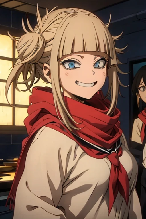 Himikotoganova, (1 garota, Sozinho), (olhos perfeitos), cabelo loiro, duplo bom, Messy hair, franja, olhos amarelos, serafuku, bolsas sob os olhos, sorriso, boca aberta, saia azul, mangas compridas, red scarf, seios,