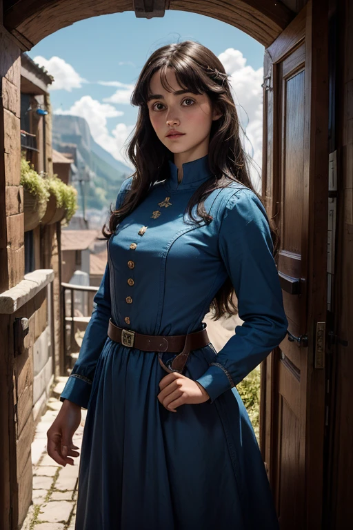 Ella Purnell, personagem Lucy (Ella Purnell cabelo com rabo de cavalo franja cortina) is one of the residents of the shelter; Maximus (Aaron Moten), a young soldier in blue clothes from the Brotherhood of Steel paramilitary faction ; e The Ghoul (Walton Goggins),