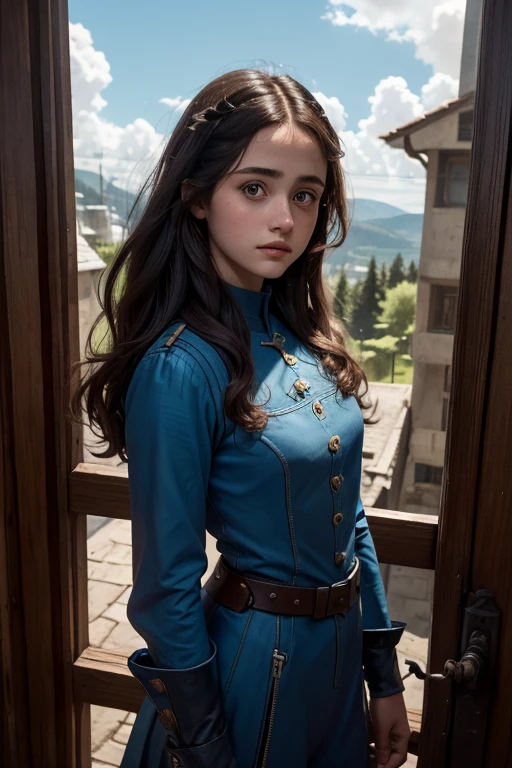 Ella Purnell, personagem Lucy (Ella Purnell cabelo com rabo de cavalo franja cortina) is one of the residents of the shelter; Maximus (Aaron Moten), a young soldier in blue clothes from the Brotherhood of Steel paramilitary faction ; e The Ghoul (Walton Goggins),