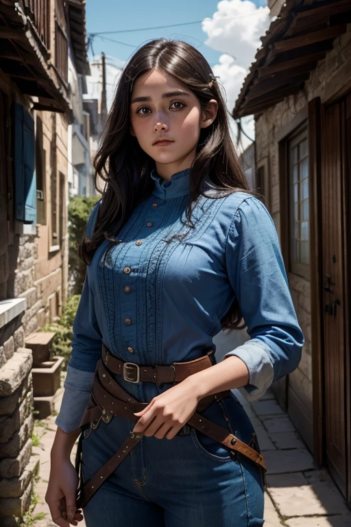 Ella Purnell, personagem Lucy (Ella Purnell cabelo com rabo de cavalo franja cortina) is one of the residents of the shelter; Maximus (Aaron Moten), a young soldier in blue clothes from the Brotherhood of Steel paramilitary faction ; e The Ghoul (Walton Goggins),
