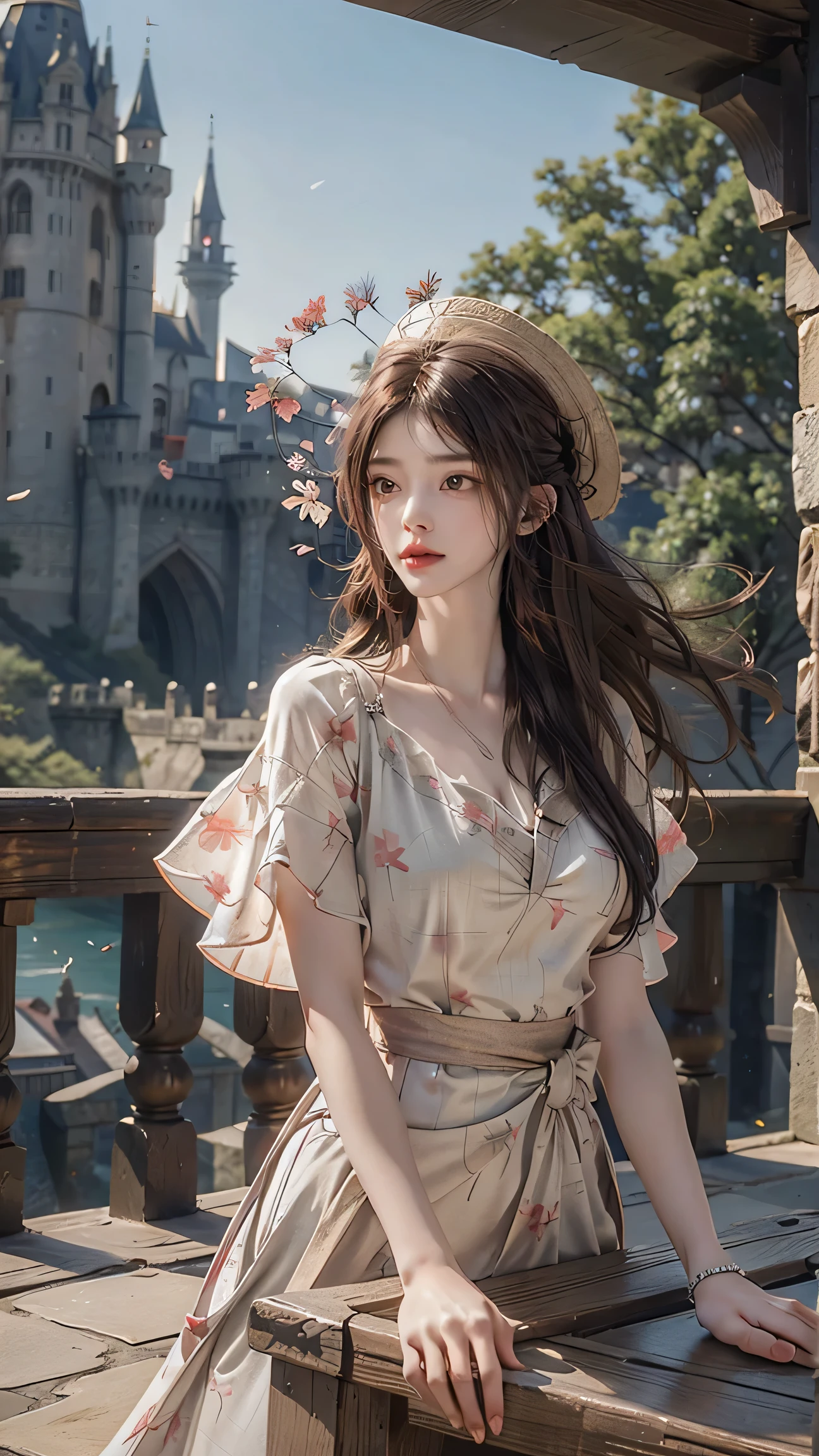 ((top-quality、​masterpiece、photographrealistic:1.4、8K))、1 beautiful detailed girl、silber hair、extremely detailed eye and face、beatiful detailed eyes、（Complex luxury red dress in medieval European style、Luxurious brimmed hat in medieval European style）、Luxury accessories、Elegant smile、natta（Depict a scene of a princess standing on the balcony of a castle。Hair swaying in the wind and a dress complement her noble vibe。）、Cinematic lighting、Textured skin、Super Detail、high detailing、High quality、hight resolution、（looking at the viewers）、Petals flutter