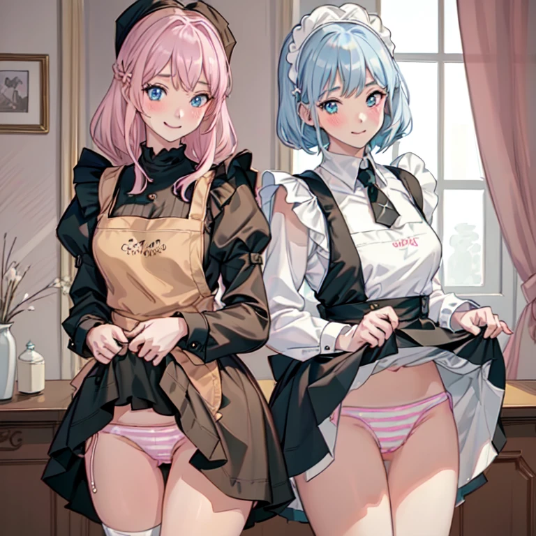highest quality, masterpiece, ((2 girls:1.5)), ((smile:1.3)), (blush:1.3), Black Shirt, blouse, ((fun!!)), (Small breasts), Blonde, (Long sleeve), ((White apron:1.5)), ((Maid)), ((hair ornaments)), Kamimei, look at me, ((in house:1.5)), Taking a break from watching the audience, Cowboy Shot, (Skirt lift:1.3), (Highly detailed pink striped panties:1.3), (Highly detailed panties:1.3), (スカート that rolls up:1.3), (Panties fully exposed:1.5), Light blue eyes, long hair, Glowing Eyes