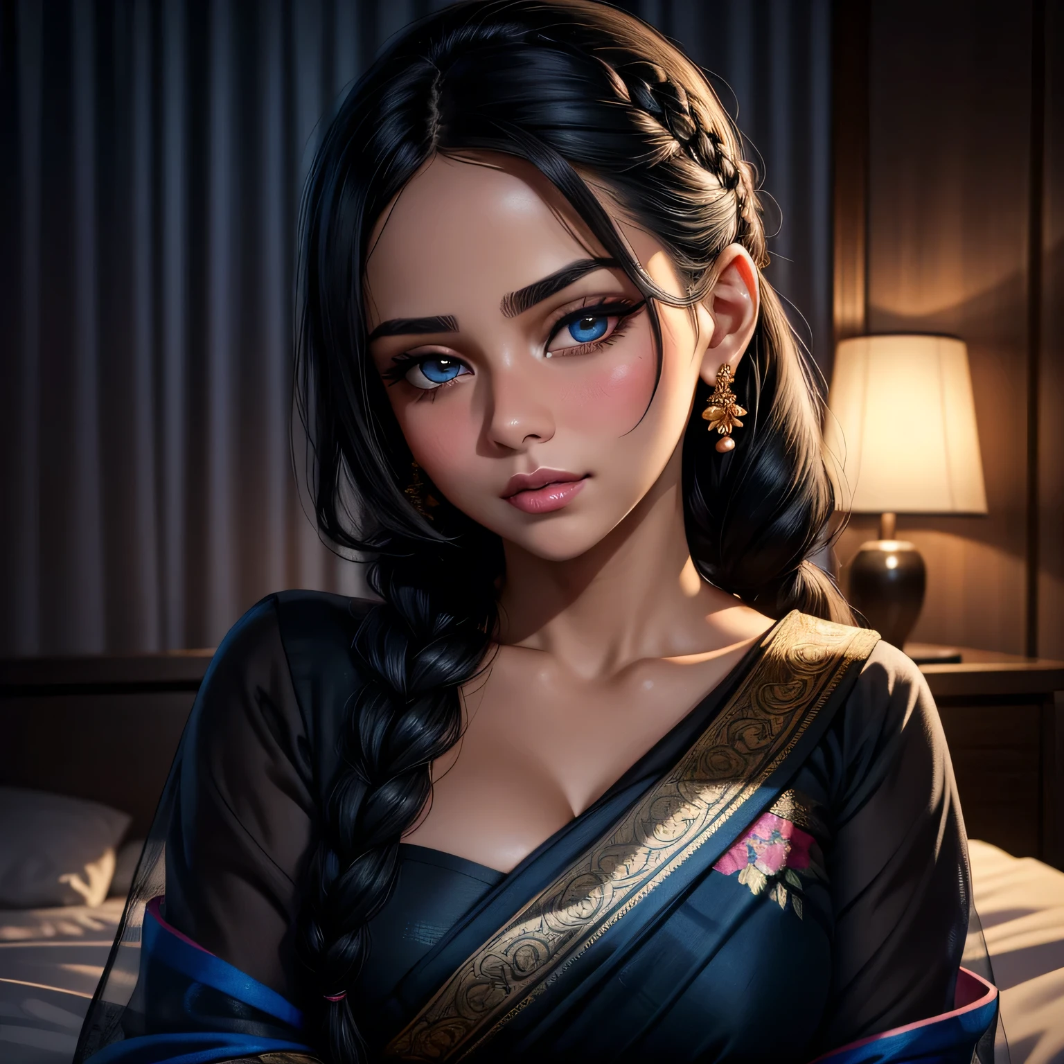 Amazing portrait of a sexy woman with her black hair tied in a braid and a beautiful fair toned face with amazing eyes and her perfect lips parted with blush on her cheeks with a flustered yet lustful expression on her face wearing a black blouse paired with a sheer floral blue saree in a bedroom at night time